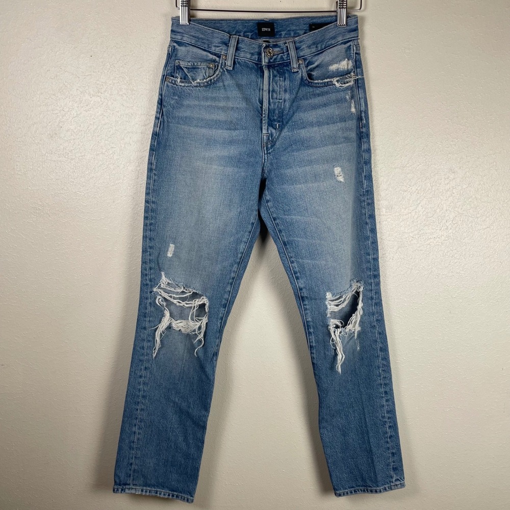 Edwin Cai Classic Straight Jeans Womens‎ 25 Medium Wash Distressed Ripped